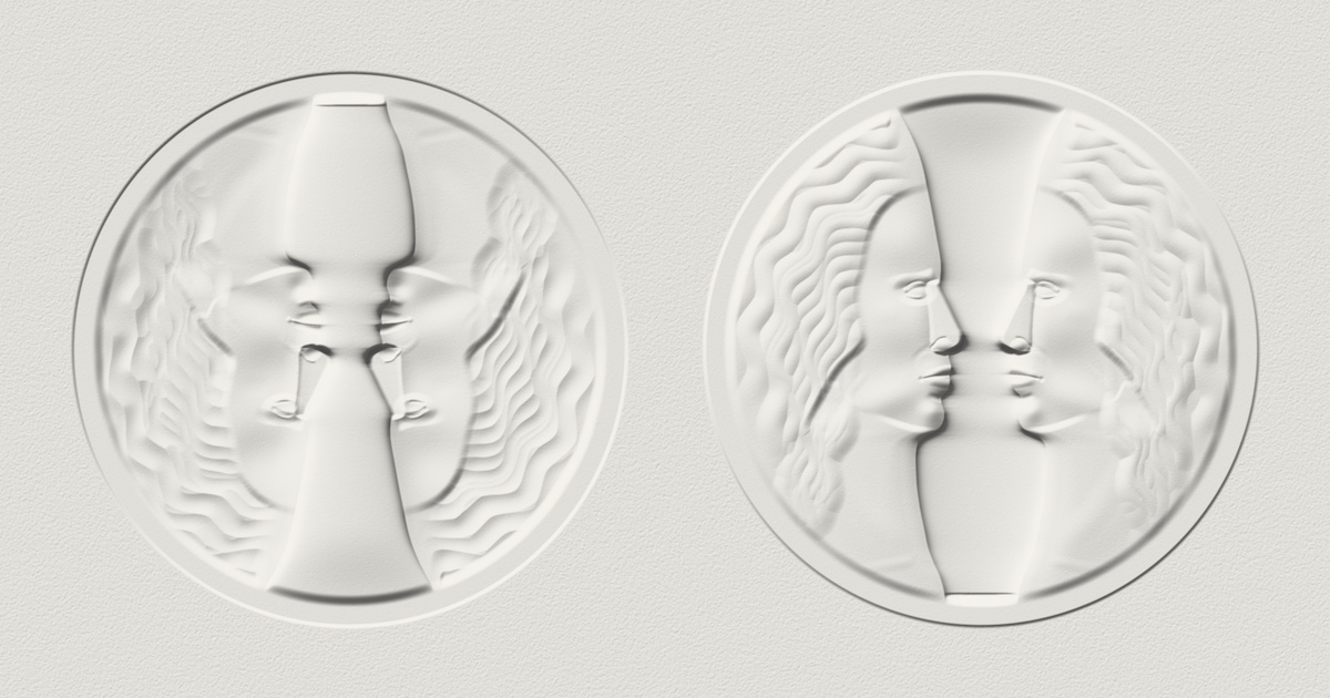 Two round reliefs pressed into pale paper side by side: on the left a vase standing between two falls of wavy hair; on the right the same relief turned over, two women in profile nose to nose