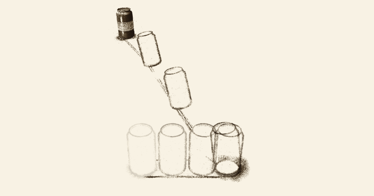 A plain drink can of dark sand at rest far back on a pale lit page, its past behind it in the sand: a row of fading outlines along the front, a pile where it stopped dead, two tilted outlines where it darted back