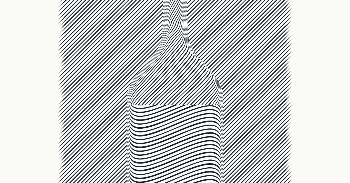 A drink’s label of fine slanted blue-black lines; in it the neck, shoulder and drink of a clear glass bottle drawn by nothing but those lines