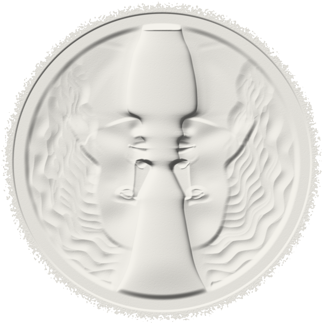 A pale sheet of paper with a round relief pressed into it, turning by itself: a vase standing between two falls of wavy hair, then, turned half way round, two women in profile nose to nose