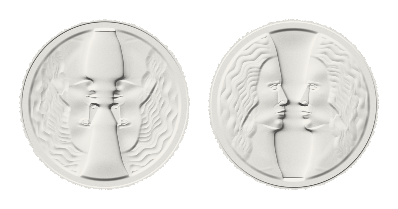 Two round plates pressed into the page side by side: on the left the relief as it stands, a vase between two falls of wavy hair; on the right the same relief turned over, two women in profile nose to nose