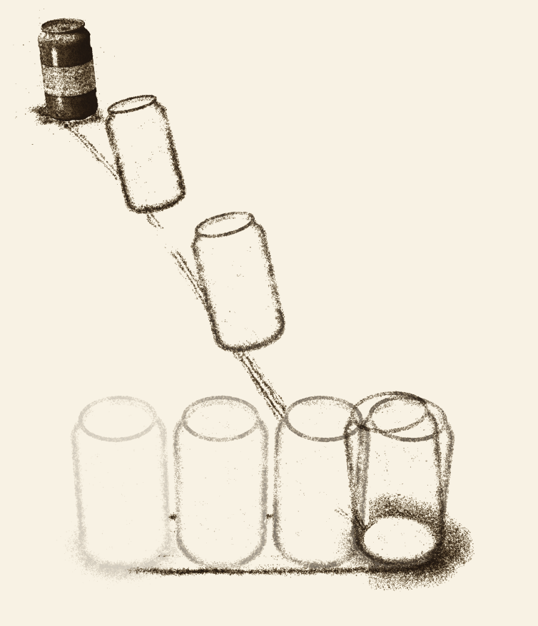 A plain drink can of dark sand at rest far back on a pale lit page, its past behind it in the sand: a row of fading outlines along the front, a pile where it stopped dead, two tilted outlines where it darted back