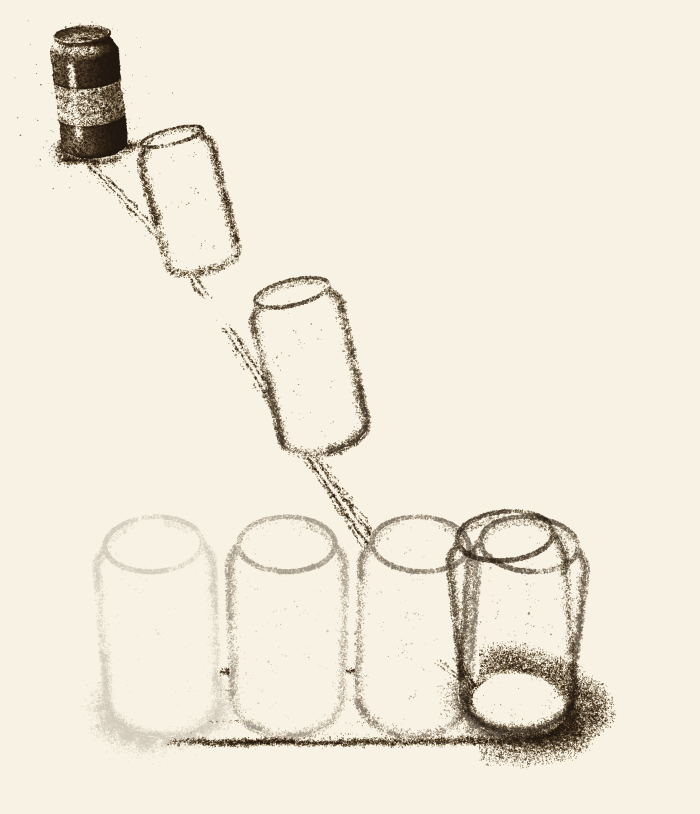 On the left, the can that decides: at rest far back in its past, a row of fading outlines along the front, a pile where it stopped dead, two tilted outlines where it darted back.