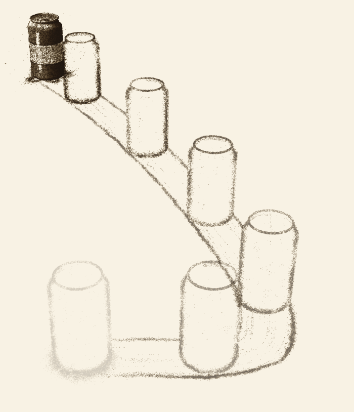 On the right, the same can moved the usual smooth way: at rest far back in its past, upright outlines along one even curve, round the corner and back, no pile and no tilt.