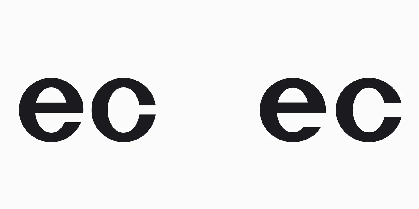 My own letters, on their own page: the e and the c of my titles at both ends of their one file, for 18 pixels and up and for 12, in black on pale paper