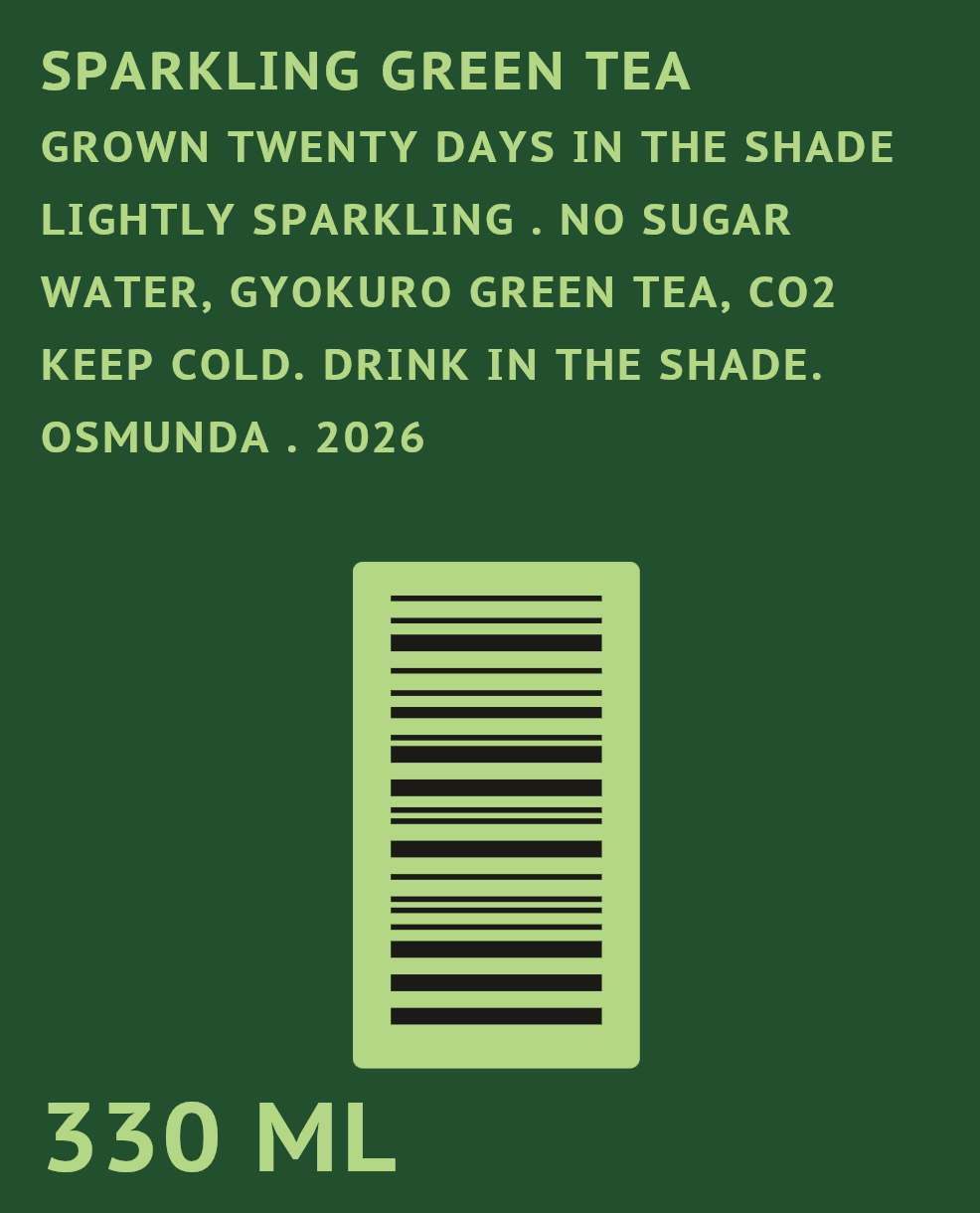 The second back of the can, flat, the print file itself: the same lines in pale green on deep green in a face cut for small sizes, the code turned so its bars run round the can, and 330 ML at the foot