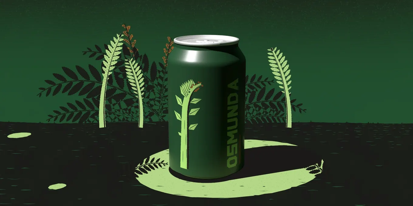 The Osmunda can, deep green with its pale fern, standing in its fern wood at noon: a render from its story