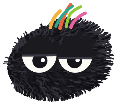 A small creature of black fur with a crest of five coloured strands and two half-shut eyes