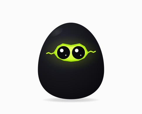 A black egg with two green-rimmed eyes