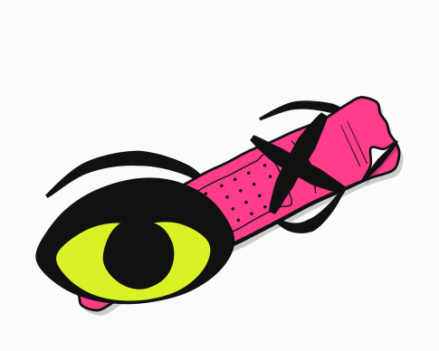 A pink plaster crossed by a black X, a green eye at its end